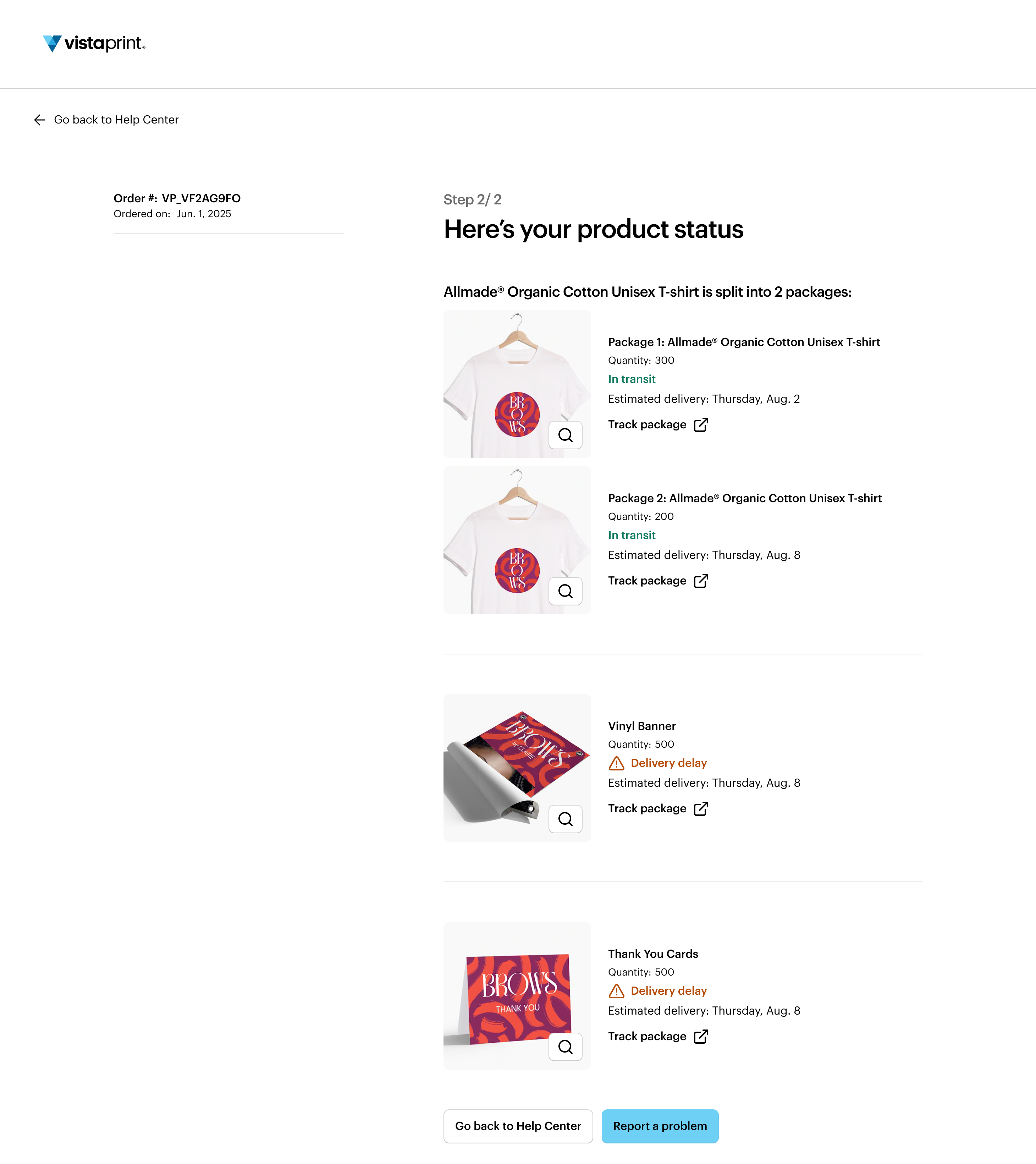 VistaPrint product status page showing four items with current delivery updates, including in-transit notifications and delivery delay alerts.